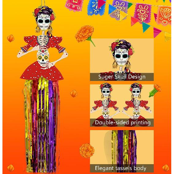 6 PCS Day of The Dead Sugar Skull Hanging Decorations, Dia De Los Muertos Decorations Mexican Fiesta Halloween Party Supplies for Ofrenda Altar Home