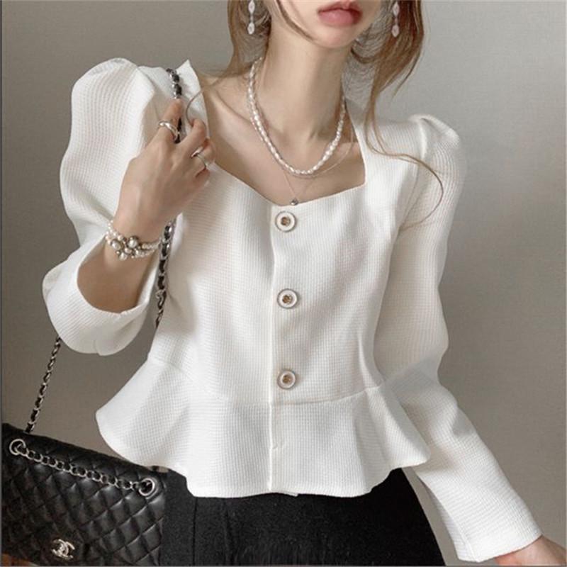 Korean Retro Ruffled Square Collar Shirt - Women's Spring/Autumn 2025 Fashion