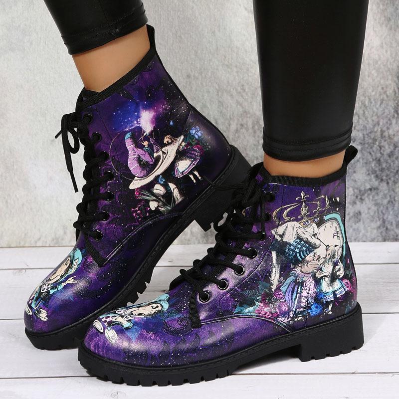 Herbst neue Cartoon-Druckmuster runder Kopf flacher Absatz Schnürstiefel Kinderstiefeletten große Größe