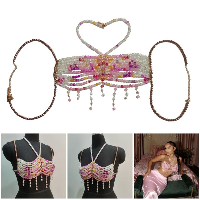 Graduated Colorful Beads Tassels Bralette Body Chain for Women’s Beachwear Beaded Body Jewelry Harness Bustier Bra Top