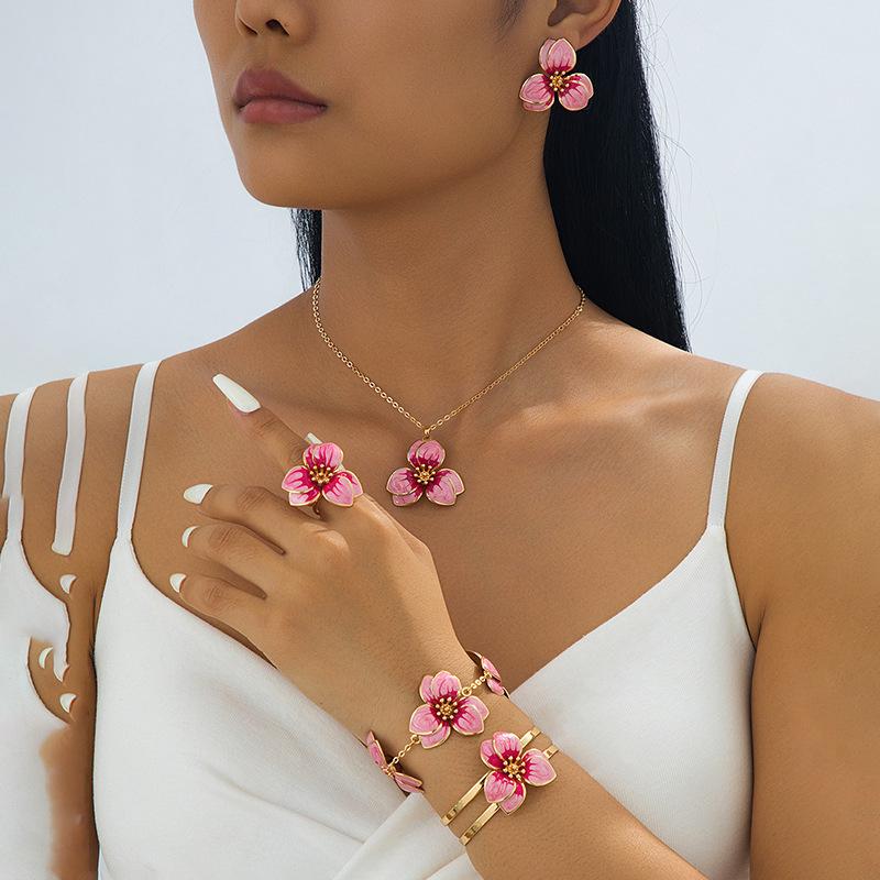 Simple Oil-Infused Flower Earrings And Necklace Set - Casual Jewelry Set For Women