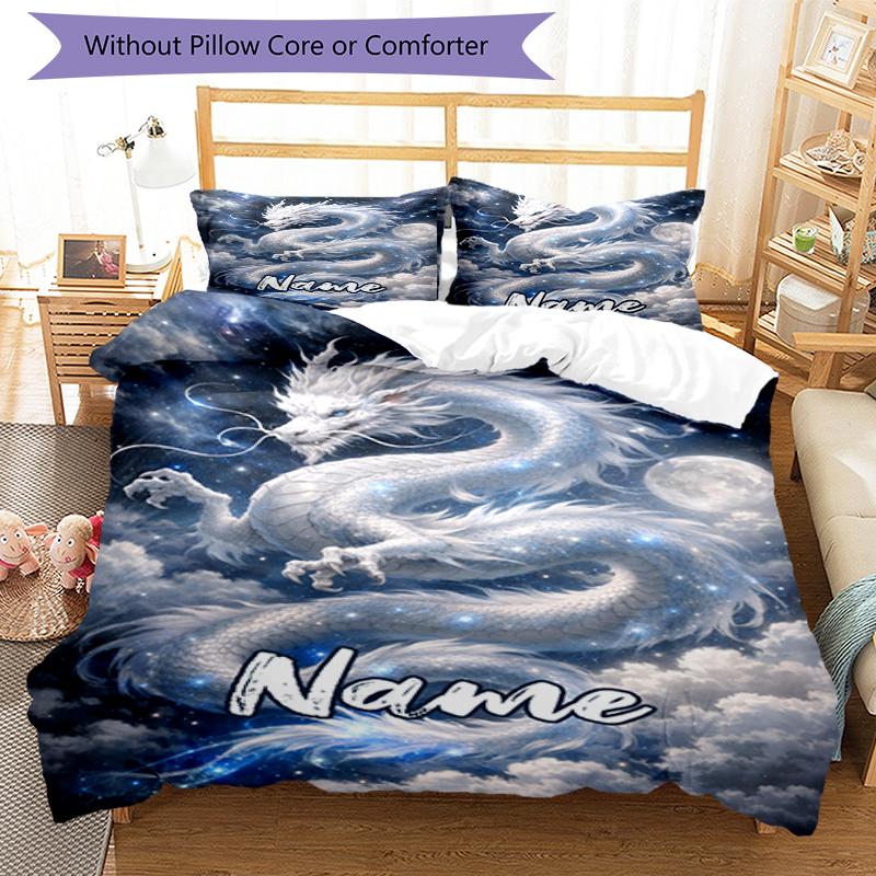 3pcs Custom Name Dragon Bedding Set Duvet Cover Closure Includes 1 Duvet Cover & 2 Pillowcases, Soft and Comfortable for All Seasons.