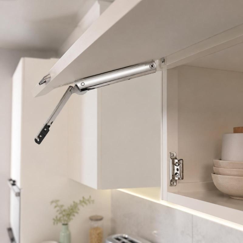 Steel Cabinet Lift Support with Articulated Arm, Adjustable Support Pressure, and Mounting Hardware for a Raised Cabinet Door and Storage Cover