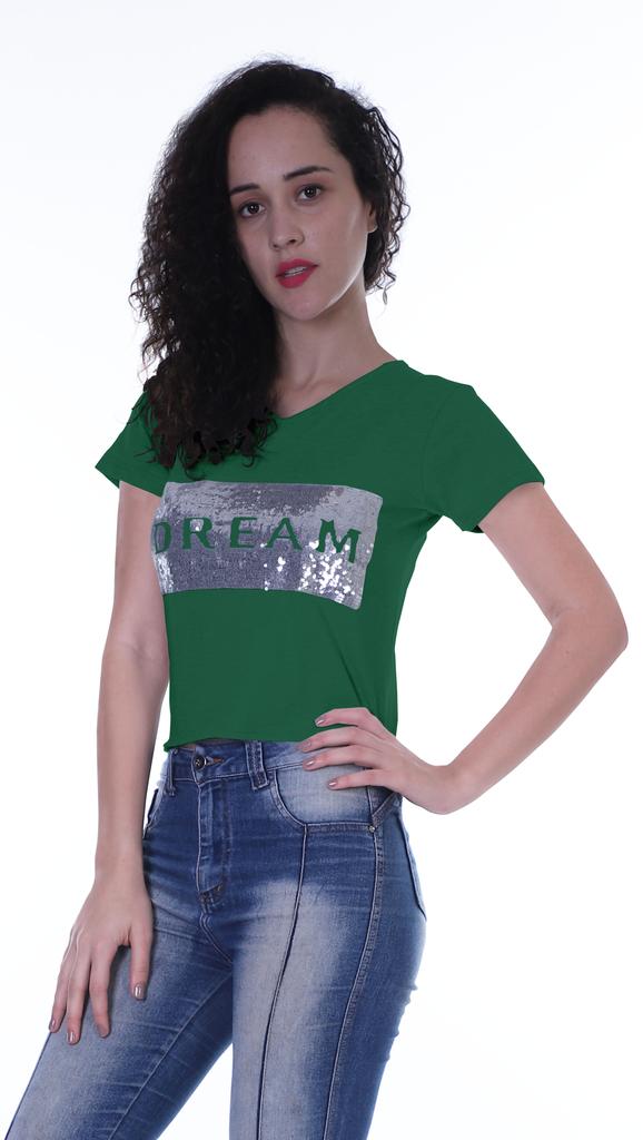 Moomaya Womens Short Sleeves V Neck Tshirt Top w  Sequin Patch ShortTee Summer