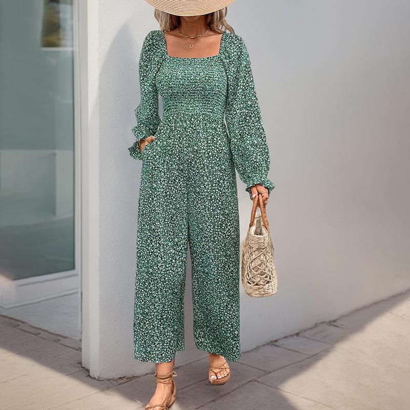 Women's Jumpsuit Square Collar Puff Sleeve Wide-leg Pants Long-sleeved Vacation Style Floral Jumpsuit