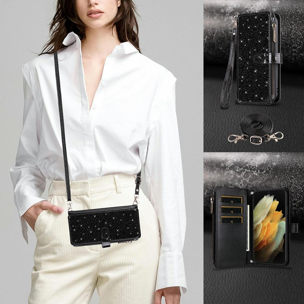 ASUWISH For Samsung Galaxy A54 5G Case 10 Card Holder Glitter Leather Phone Cover with Crossbody Strap