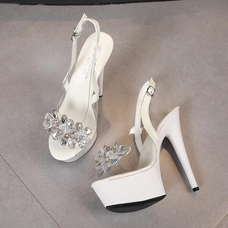 Fashion 2025 new rhinestone fishmouth shoes nightclub stiletto heels 13CM car model sandals women's catwalk steel pipe
