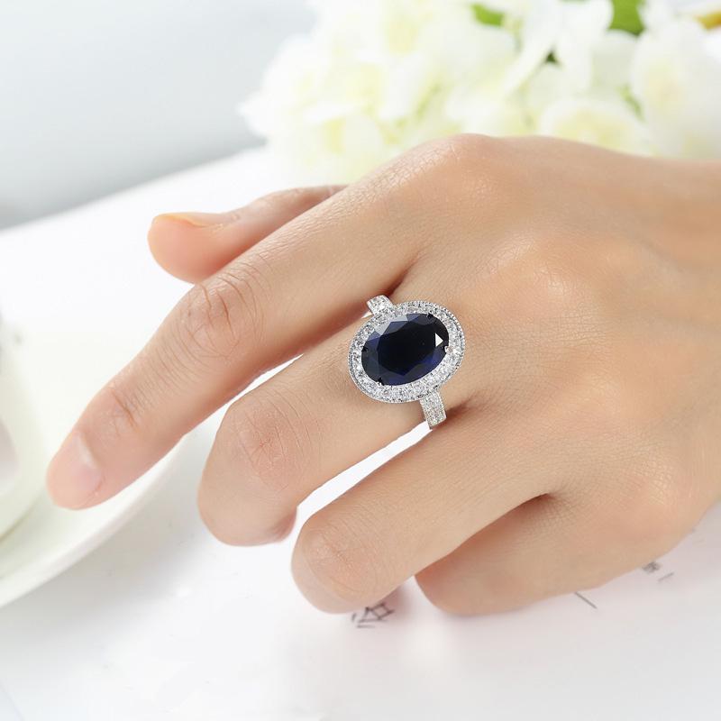 Trendy Real  Sterling Plata Luxury Blue Zircon Stone Crysatl Love Lady Ring Women's Valentine's Day Gifts for Bague Femme