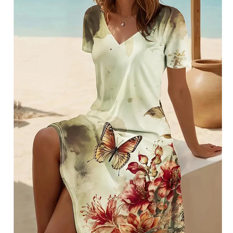 

Летняя мода женские V-образный вырез короткий рукав красивые цветы принтованные платья сексуальные короткие юбки платья 8XL жёлтый