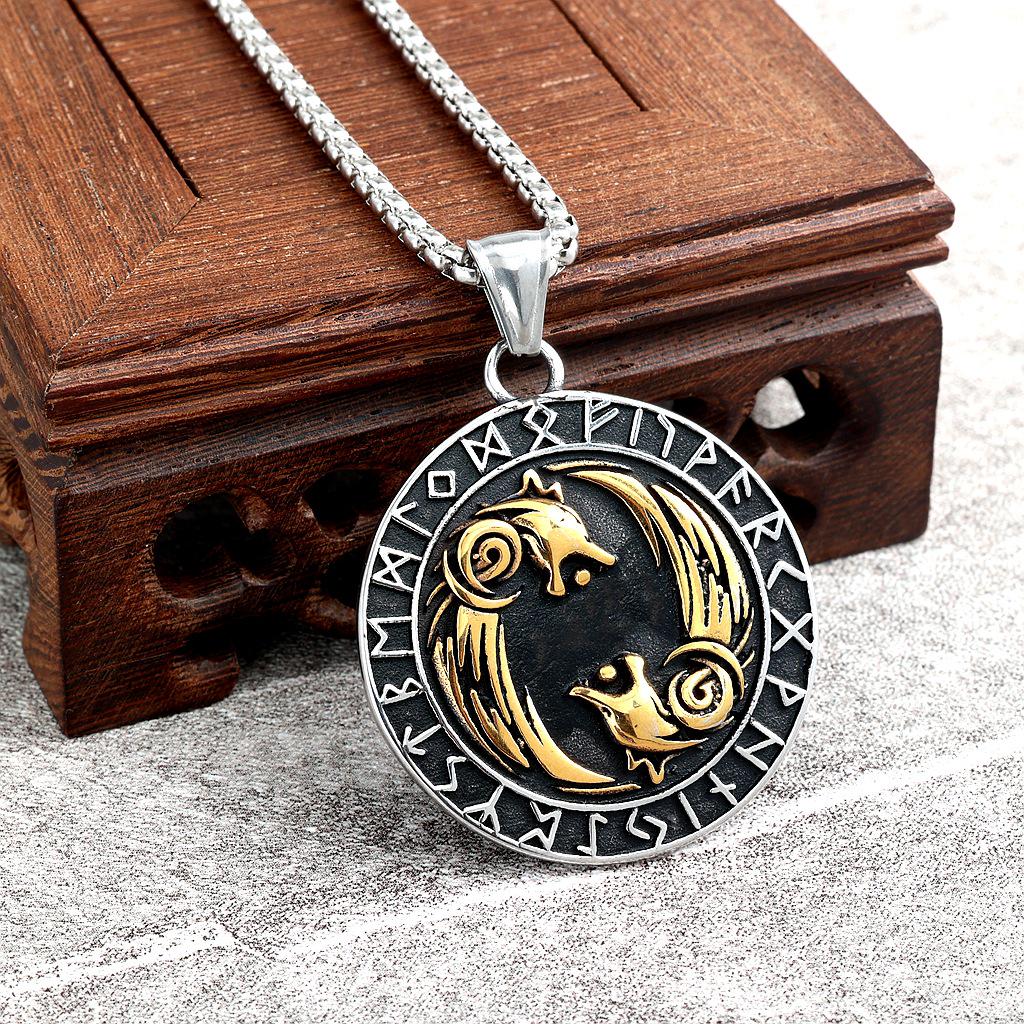 Collana Bussola Vikinga con Testa di Lupo Doppia - Ciondolo Runa in Acciaio Inossidabile per Uomini