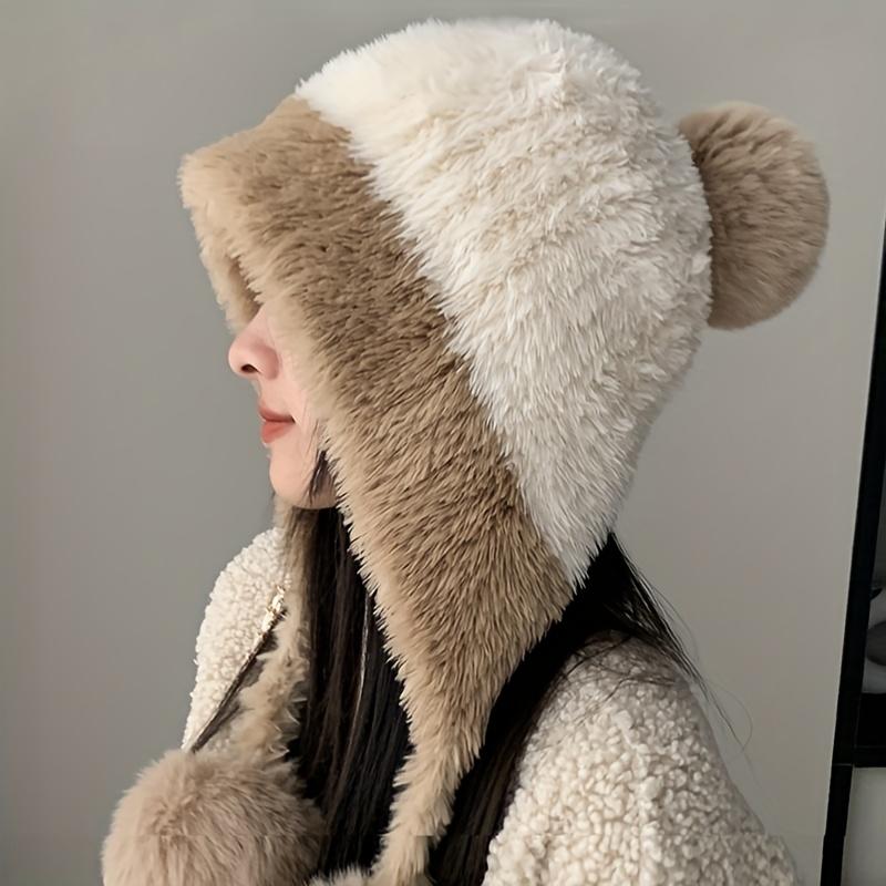 Fashion Autumn and Winter Splicing Knitted Ball Hanging Plush Hat Women Fluffy Plush No Eaves Hat Warm Thickened Plush Ear Hat