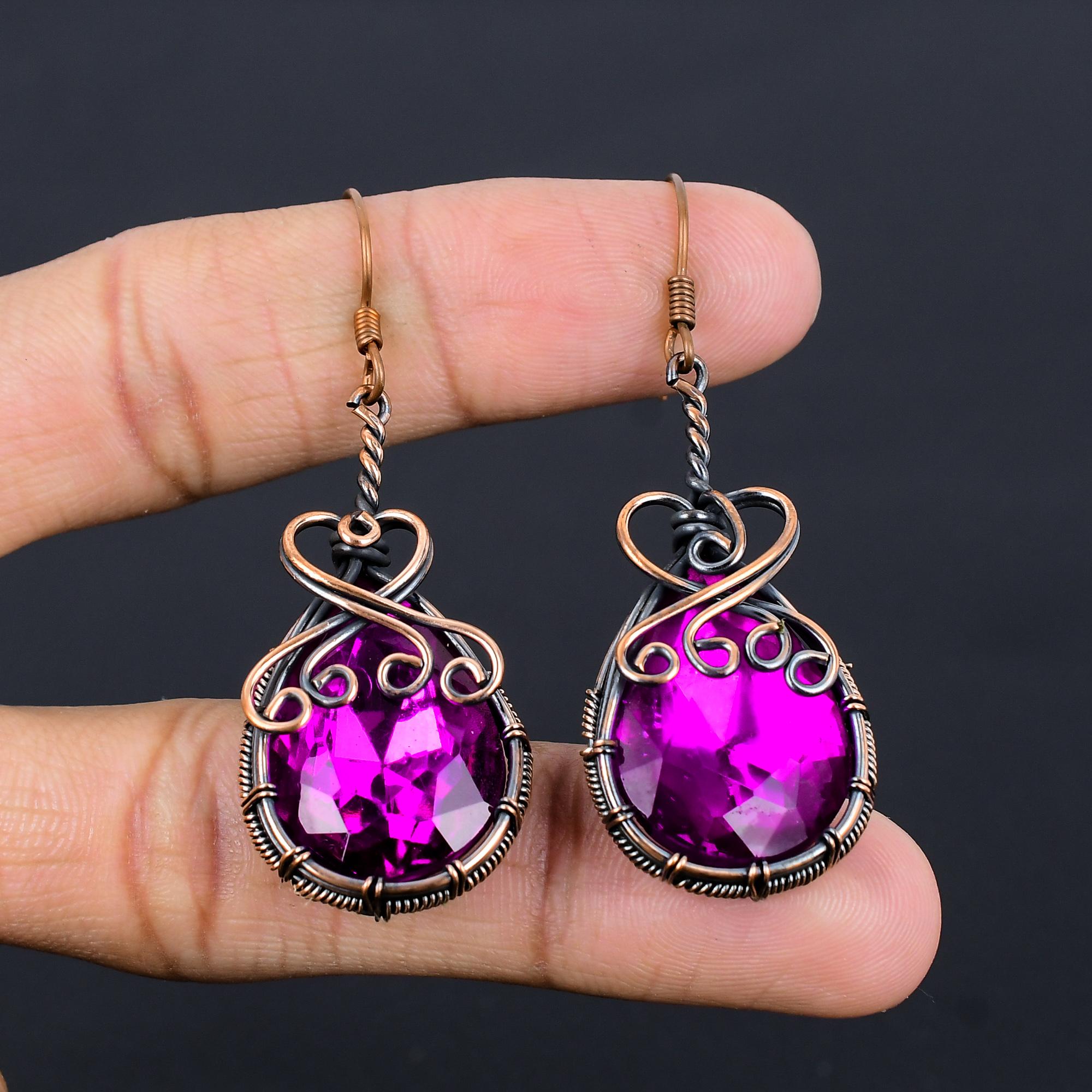 

Серьги с розовым турмалином, Ювелирные изделия ручной работы, обернутые медной проволокой 999 пробы, Серьги для медитации, Ювелирные изделия для женщин 2.55 Inches