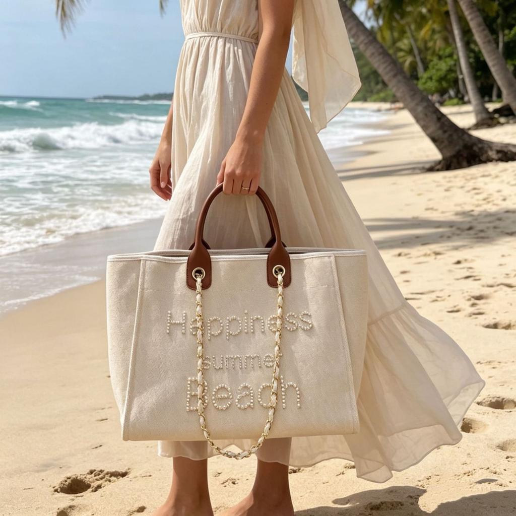 Pearl embroidered beach bag canvas chain bag large capacity handbag shoulder shopping bag women's tote bag