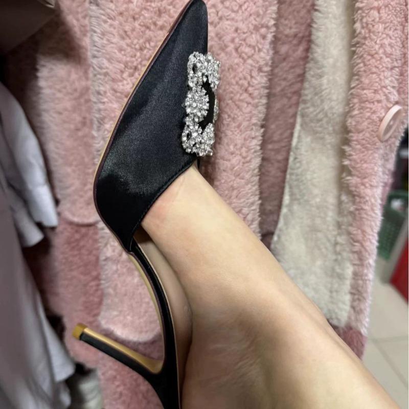 Sun Zhihui Summer New Sandals Rhinestone Pointed Square Buckle Bag Head Thin Heel High Heels Wear Half Drag Women