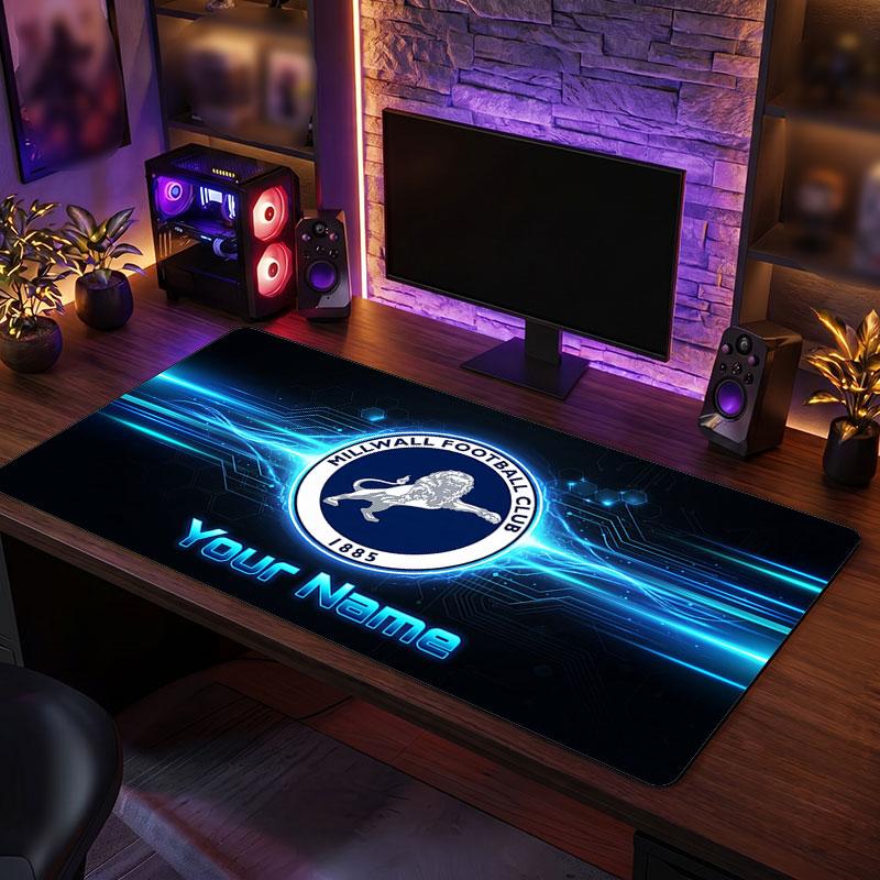 Millwall FC Custom Large Mouse Pad, Personalized Name Text Print, Football Logo Non‑Slip Desk Mat Gaming Gift