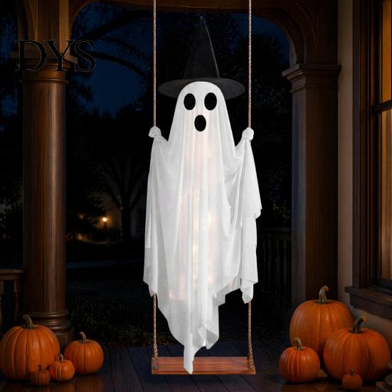 Swinging Ghost for Patio Trees Luminous Halloween Hanging Swing with Witch Hat, Remote-controlled Adjustable Outdoor Party Brightness, Flying Ornament