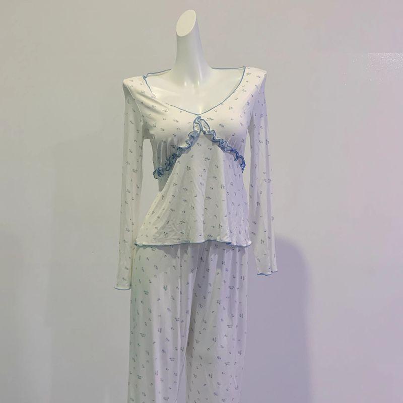 

Plaid French Style Pajamas Women with Chest Pad Suit Autumn New Arrival Modal Long Sleeves Pants Floral Suitable for Daily Wear Suit Suit Blue Floral XL