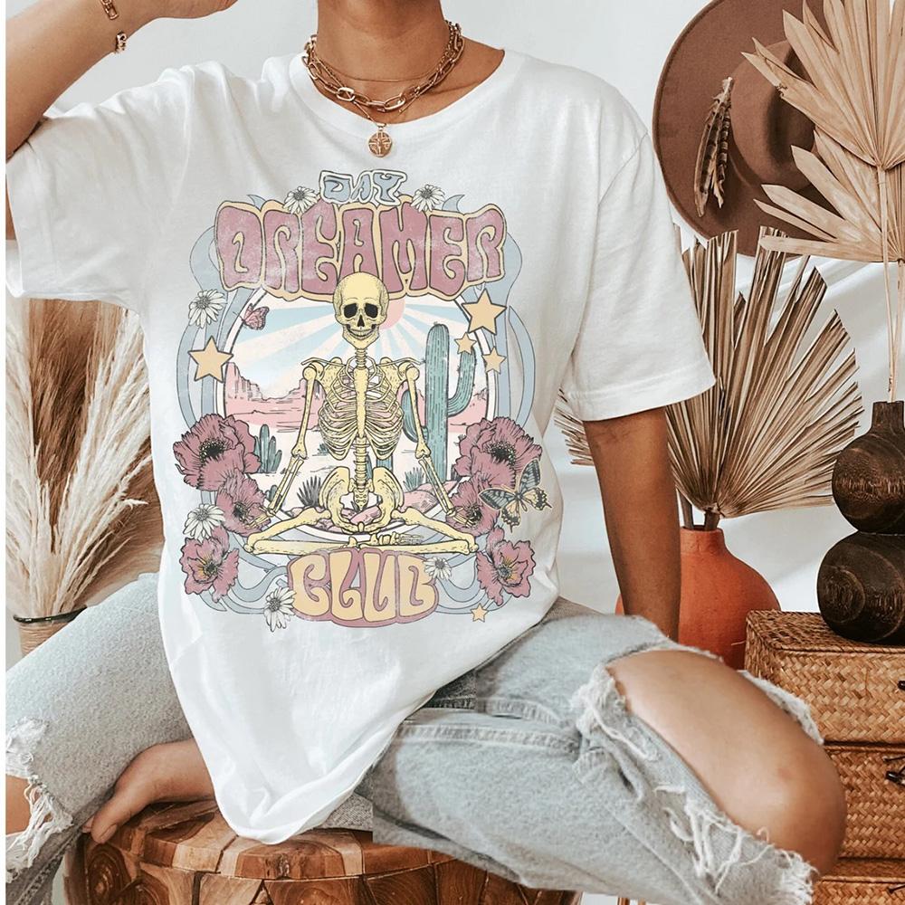 Daydreamer Skull Graphic T Shirts Womens Cotton Tshirt Fashion Summer Short Sleeve Female Tee Tops Women Tshirt Clothing