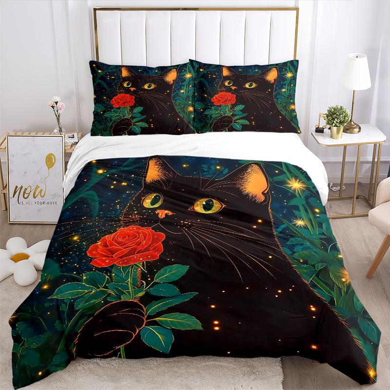 3pcs Rose and Attractive Black Cat Print Bedding Set (1 Cover + 2 Pillowcases, Without Inserts), This Printed Bedding Set is Soft and Comfor
