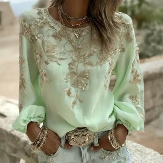 Women Tops Round Neck Long Sleeve 3D Digital Flower Printing Tee Shirt Retro
