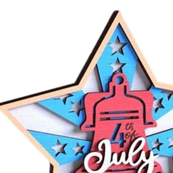4th of July Desk Sign Star Shape Wooden Ornament Patriotic Table Centerpiece Tiered Tray Decor for Independence Day Home Office Decoration