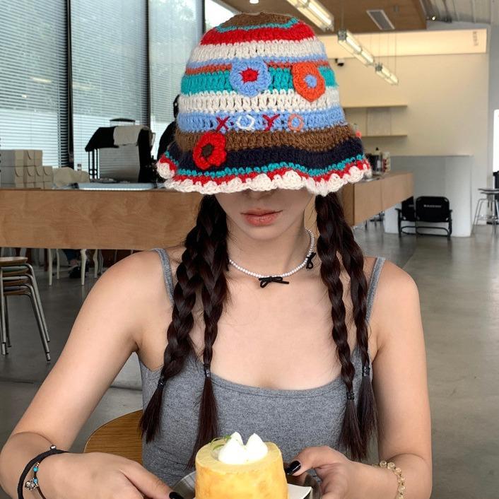 Colorful Flower Knitted Bucket Hat Female Sweet Cute Contrasting Color Pot Hat Versatile Face Small Wool Hat