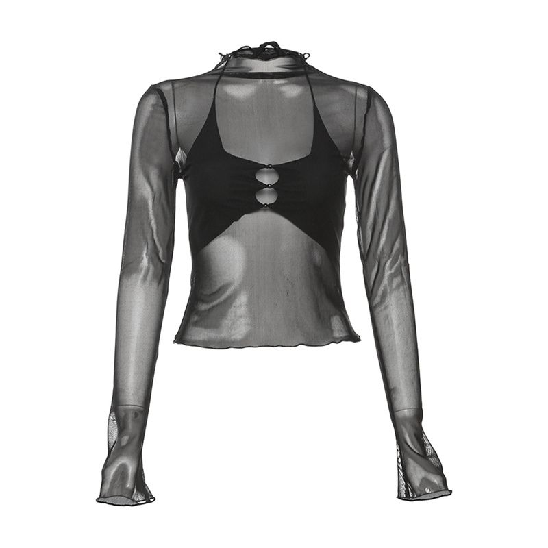 

Странный Пусс Мода Ин Сексуальный Сетчатый Прозрачный Вырез Маленький Топ-Слинг в Сочетании с Футболкой с Длинными Рукавами Набор из Двух Предметов Black S