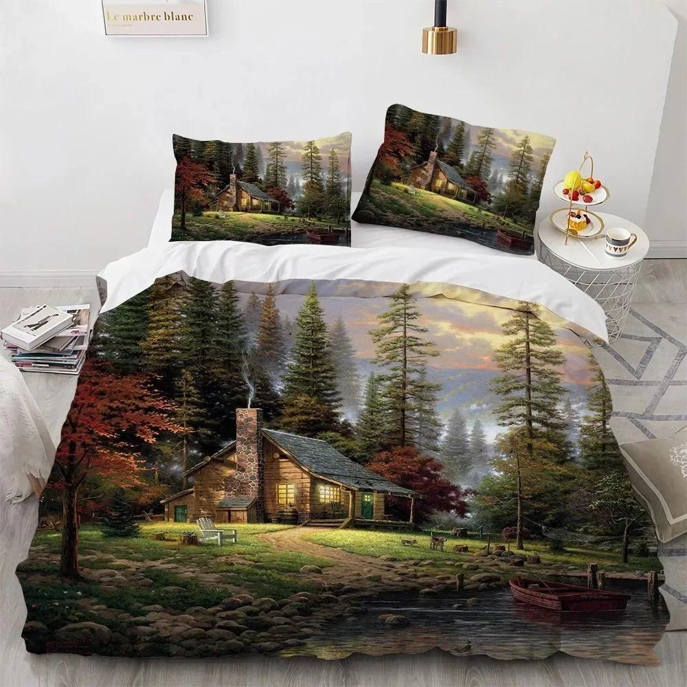 Beautiful Painting Duvet Cover Set King Queen Size Polyester Bedding Set for Kids Boys Girls Comforter Cover House Tree Pattern