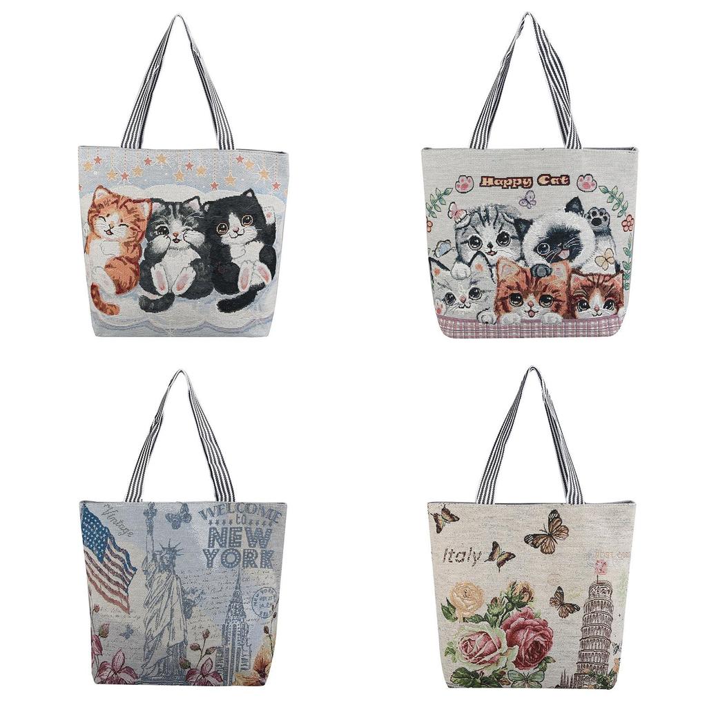 Cat Canvas Tote Bag With Embroidery For Casual Travel And Shopping