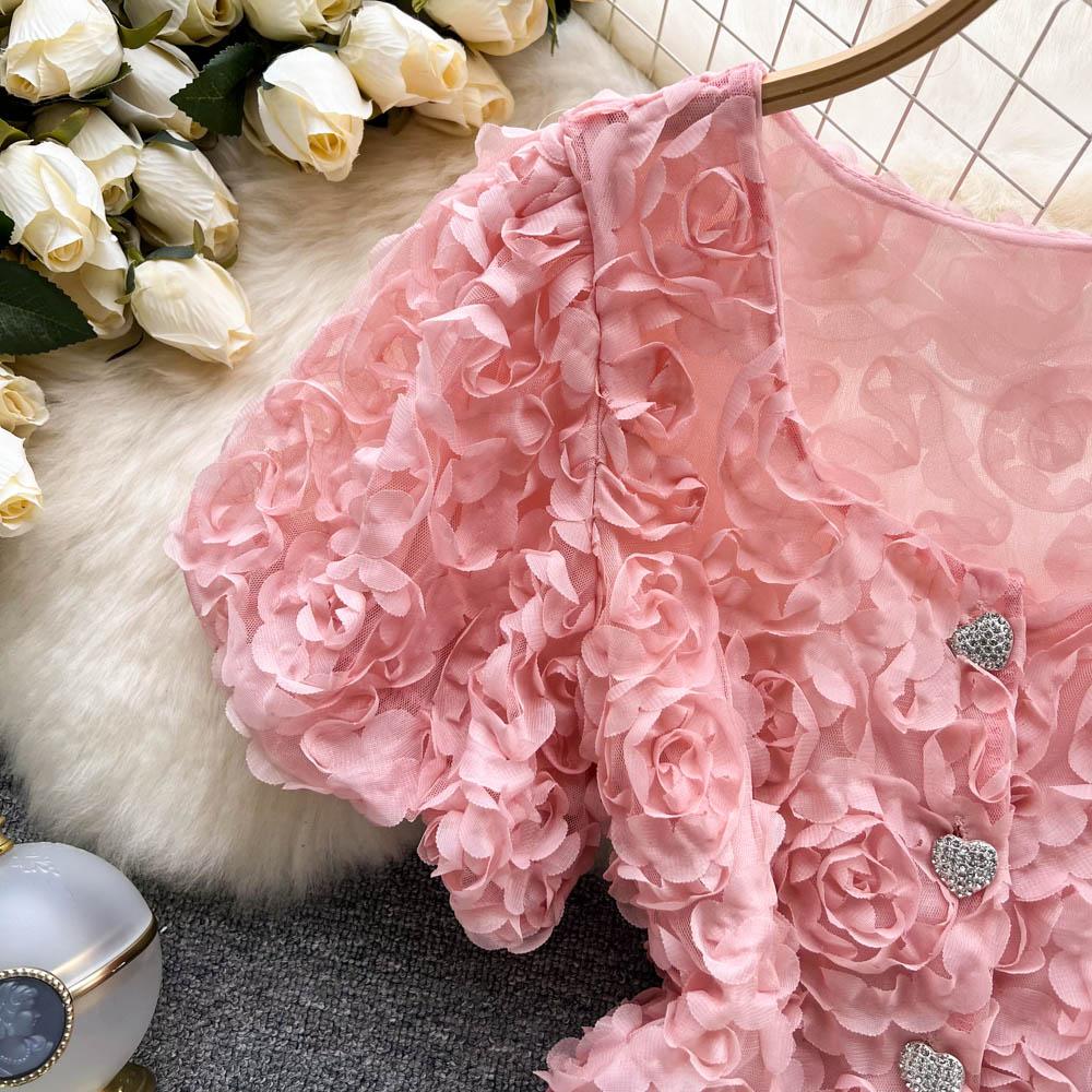 RUGOD Niche Design Sense Mesh Flower Kort Temperament-skjorte for kvinner Sommer Ny Slim Enkeltspente All-Match-topp