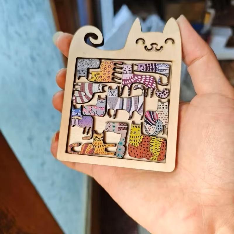 1PCS Wooden Cat Shape Puzzles Mini Irregular Animal Cat Pieces Table Games Montessori Kids Creative Educational Toy