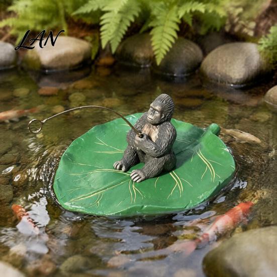 Detailed Animal Figurine for Water Features Fishing Gorilla on Lotus Leaf Ornament, Funny Floating Figurine, Realistic Artistic Landscaping