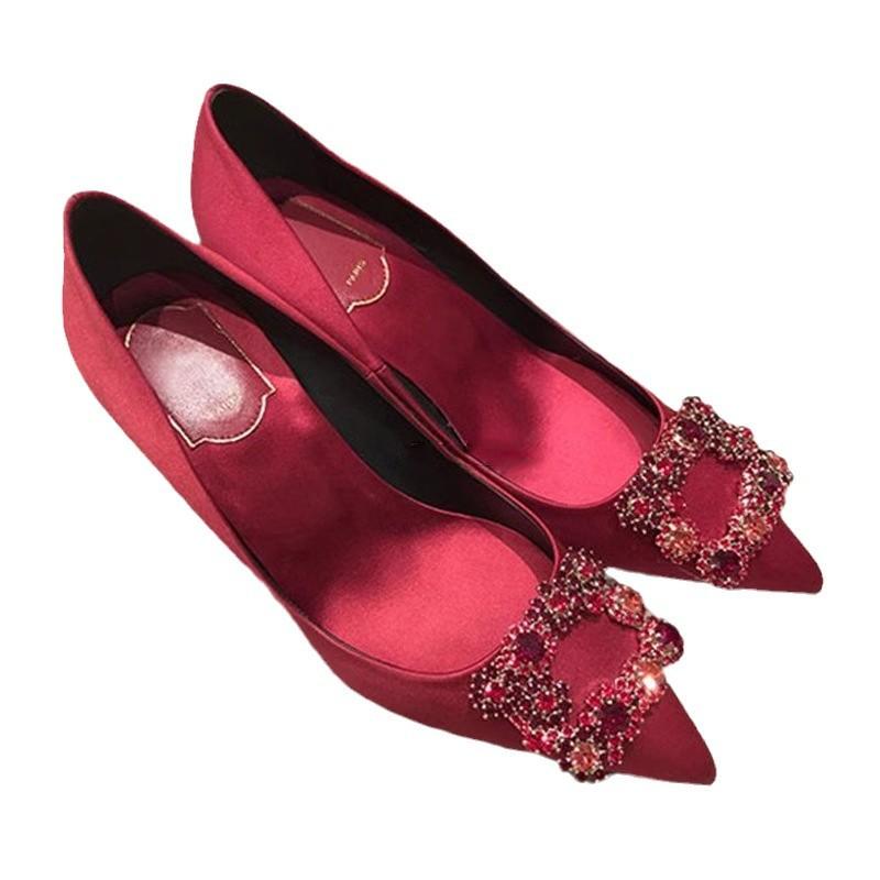 Rv Rhinestone Pointed Black High Heels 2025 New Satin Stiletto Wedding Shoes Show Wood Wedding Shoes Square Buckle Single Shoes