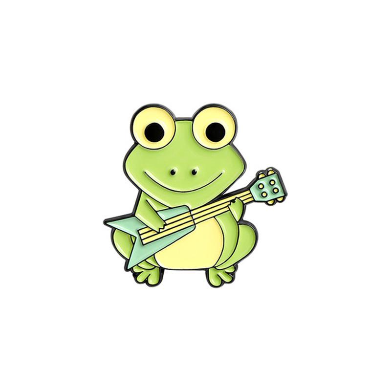 Happy Frog Family Brooch: Adorable Frog Playing Guitar, Eating Strawberries, with Lotus Leaf Umbrella Small