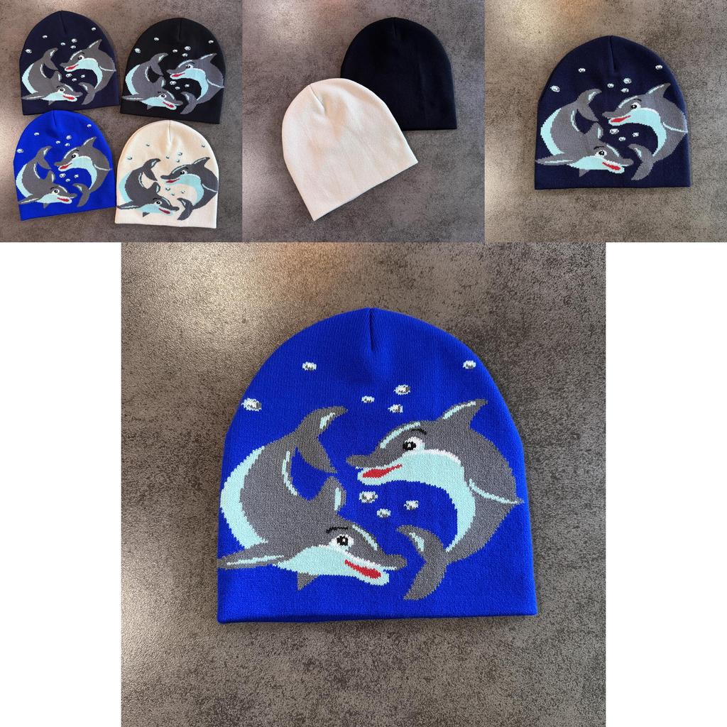 Acryl Strickmütze für Männer Frauen mit Cartoon Delfin Stickdesign für Streetwear