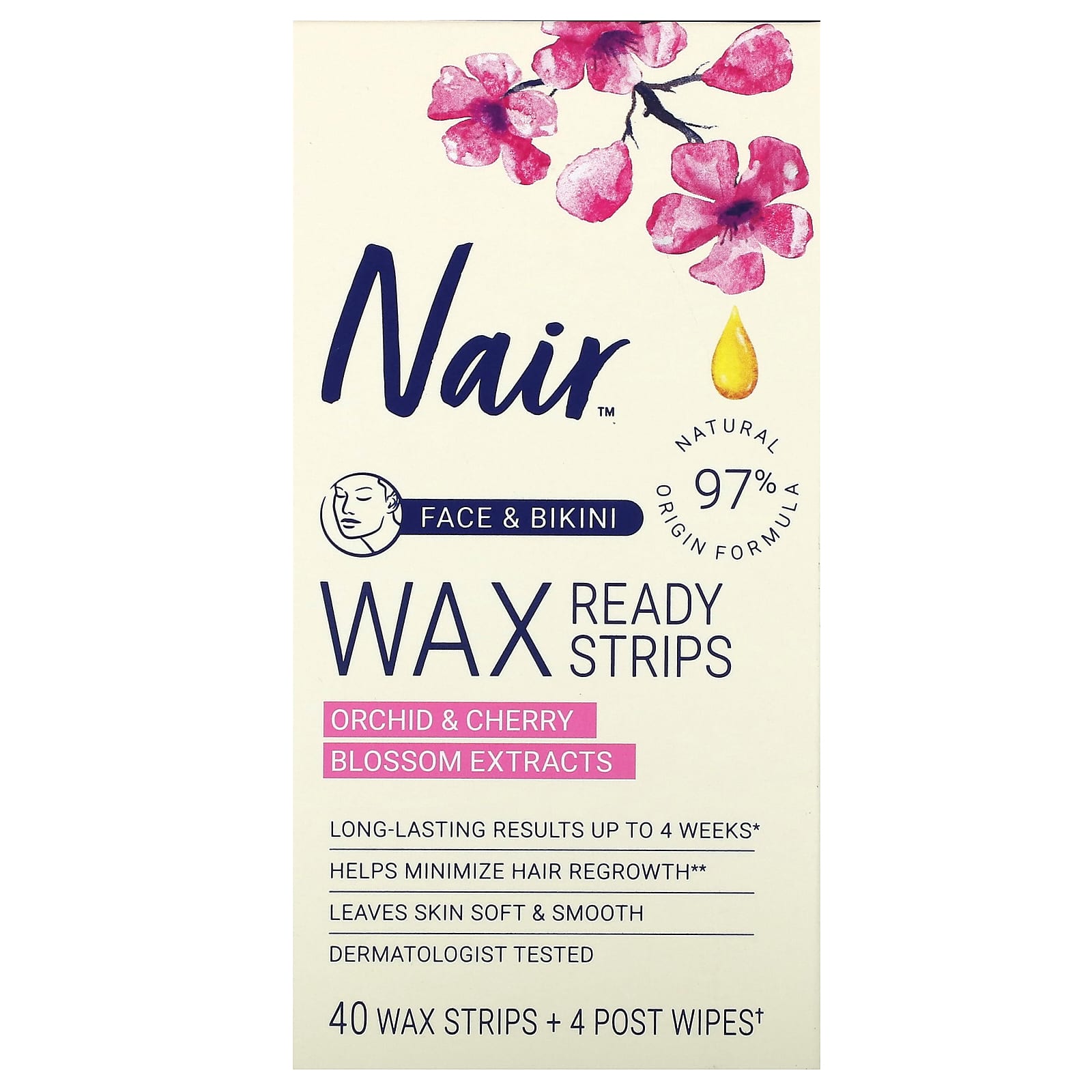 

Wax Ready Strips, Face & Bikini Line, Orchid & Cherry Blossom Extracts, 40 Wax Strips + 4 Post-treatment Tissues