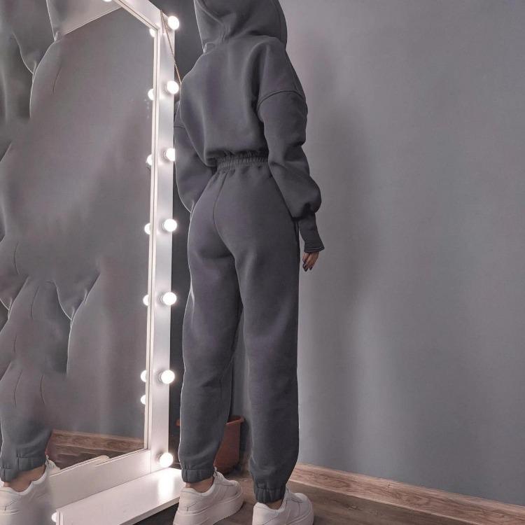 Women Solid Color Loose Long Sleeve Hooded Jumpsuit V Neck Wide Leg Pants Suit Autumn Winter Casual Outfit