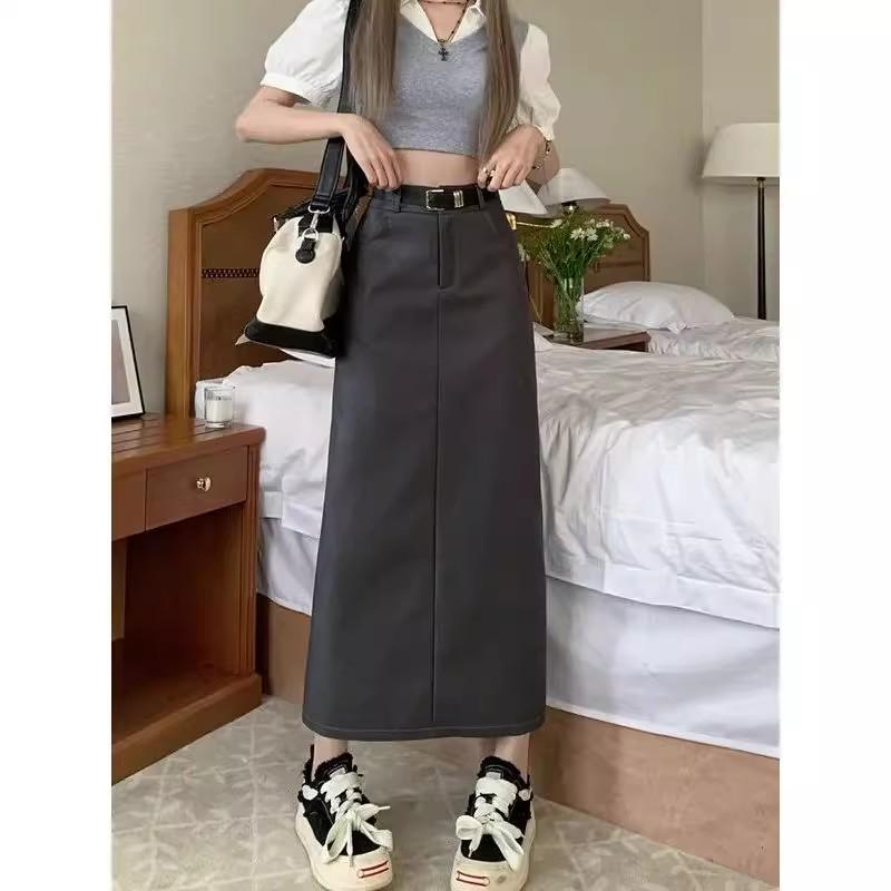 Women's Gray High Waist Straight Leg Midi Skirt with Slit - Slimming Summer A-Line Design.