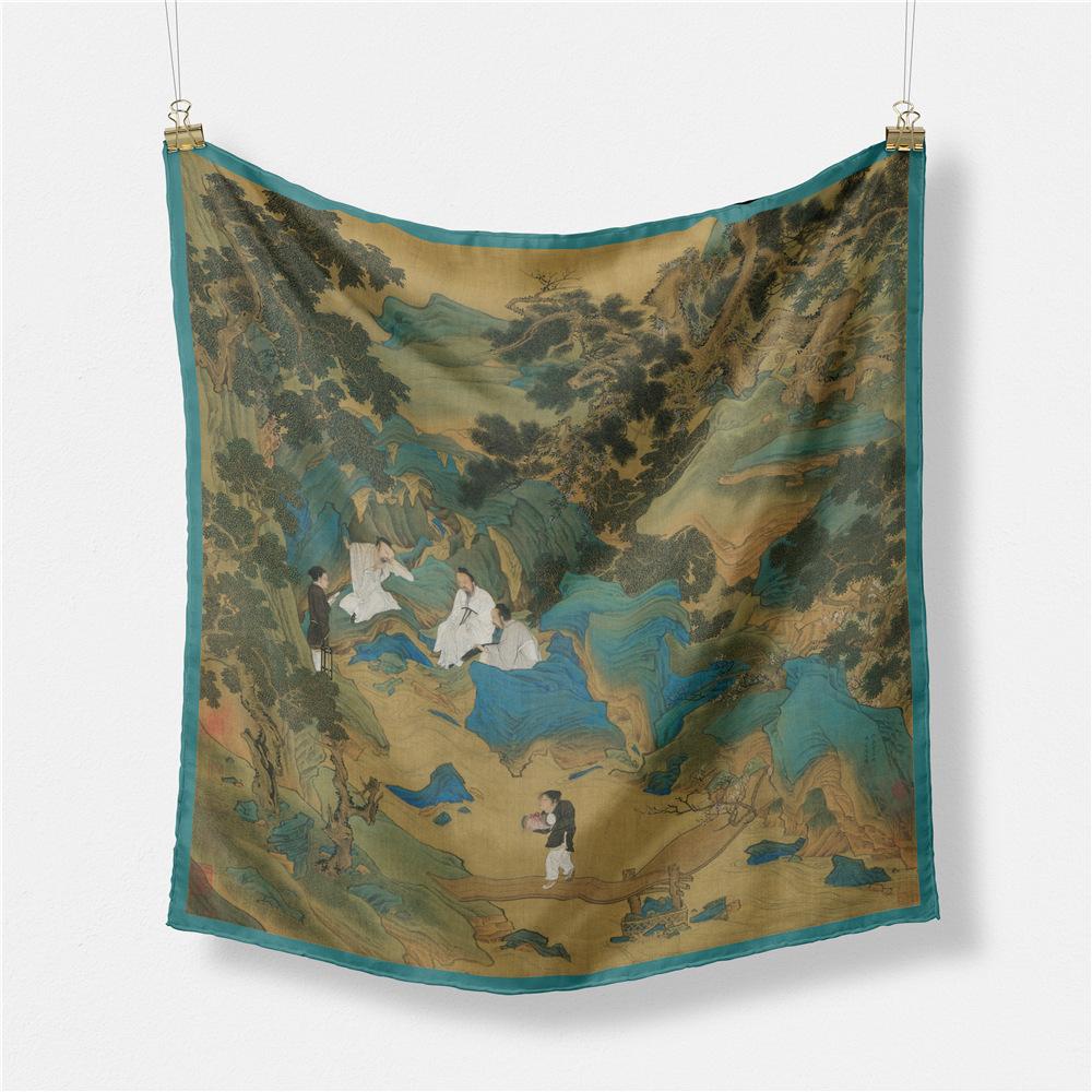 53CM Twill Silk Scarf  China Style Painting Square Scarves Wraps Bandana Small Hijab Silk Foulards Tie Headband Neckerchief