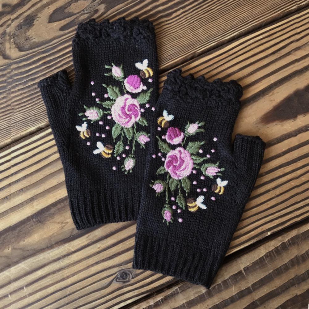 Vintage Embroidery Knitted Gloves Floral Fingerless Gloves All-Match Winter Wool Gloves  Outdoor