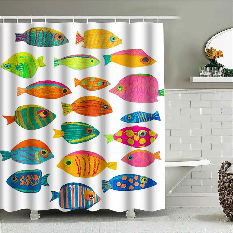 Bright Fish Shower Curtain Set Waterproof Fabric For Bathroom Decor Colorful Fruits Seafood Print 3D Custom-Made Waterproof Bath