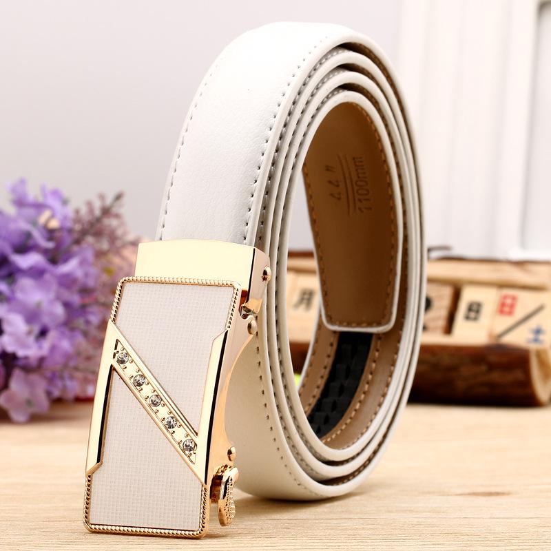 Women's Casual Double-Sided Lychee Pattern Leather Belt with Automatic Buckle