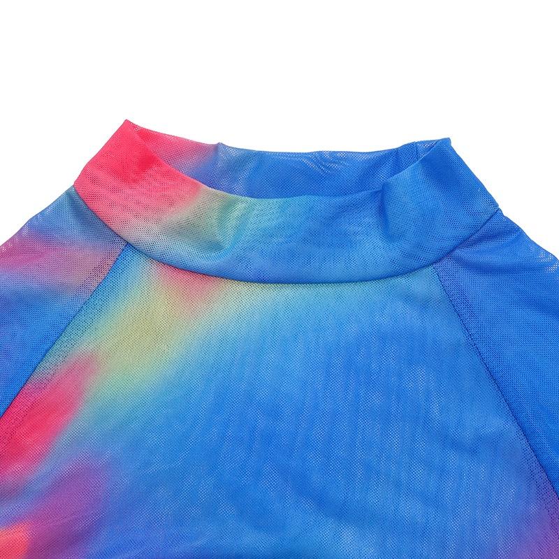Damen Sommer Mesh Tie-Dye Langarm Slim Fit Bodysuit