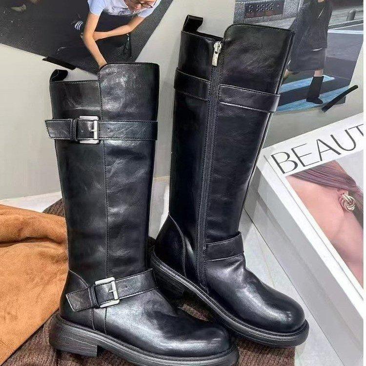 [Cowhide Edition] Dune Aesthetics~ Fleece Retro Double Button Medium and High Western Boots Women's Knight Boots Winter