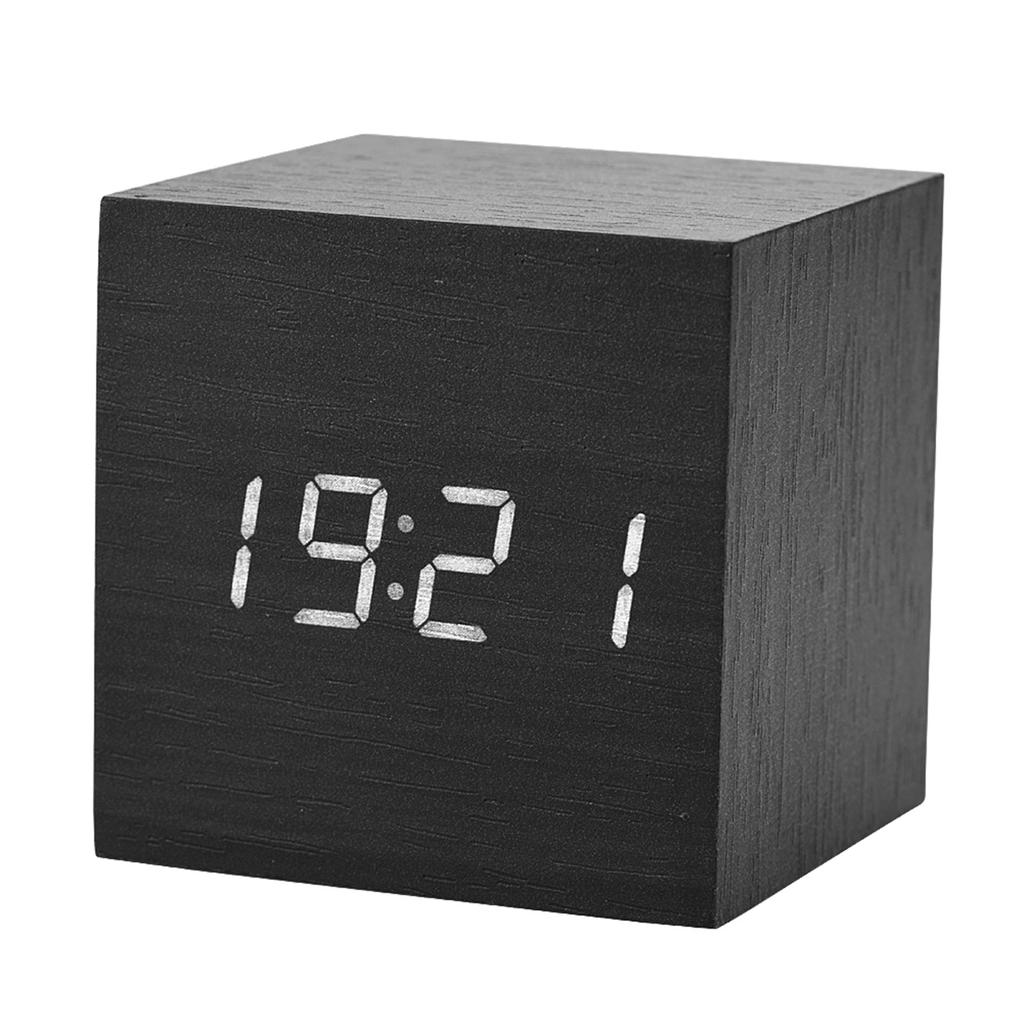 6x6x6cm Wooden Electronic Digital Alarm Desk Clock Temperature LED Display Voice Control