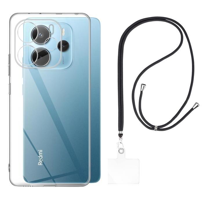 Coque et tour de cou pour Xiaomi REDMI NOTE 14 4G (Europe Version) - TPU Souple Transparent Cordon Noir réglable Phonillico®