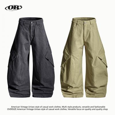 OREETA American Deconstructed Cargo Pants Men Women Loose Wide Leg Trousers With Side Pockets