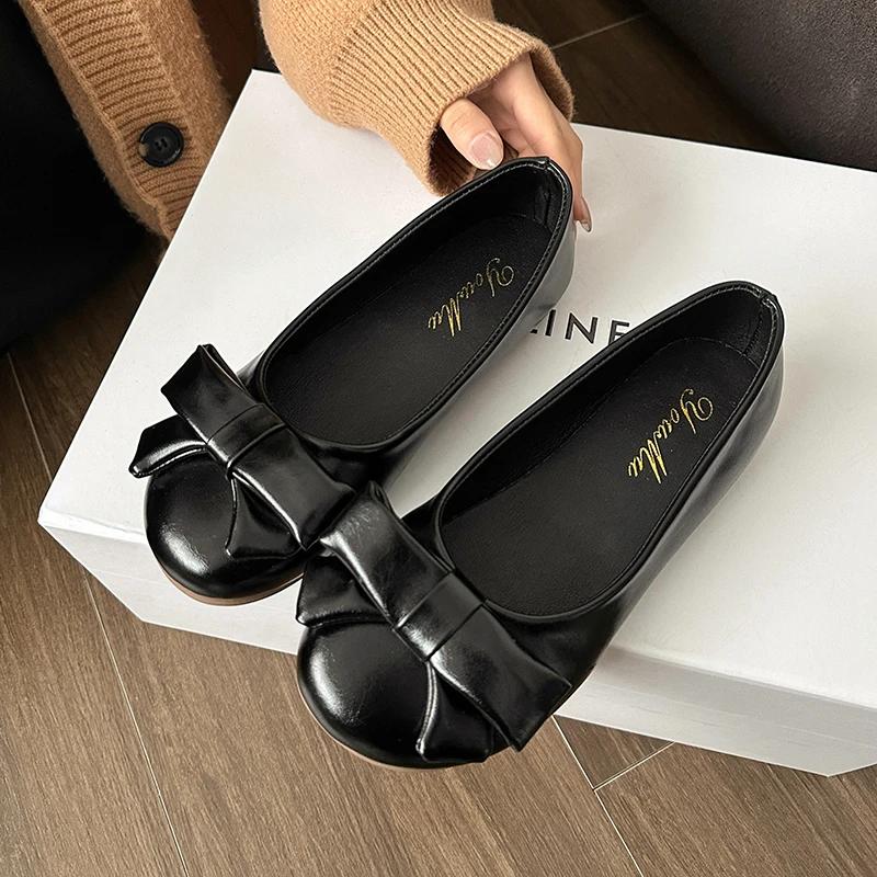 Fashion Spring Butterfly-knot Flat with Flats Round Toe Solid Shallow 2025 High Quality Ladies Shoes Sweet Flats