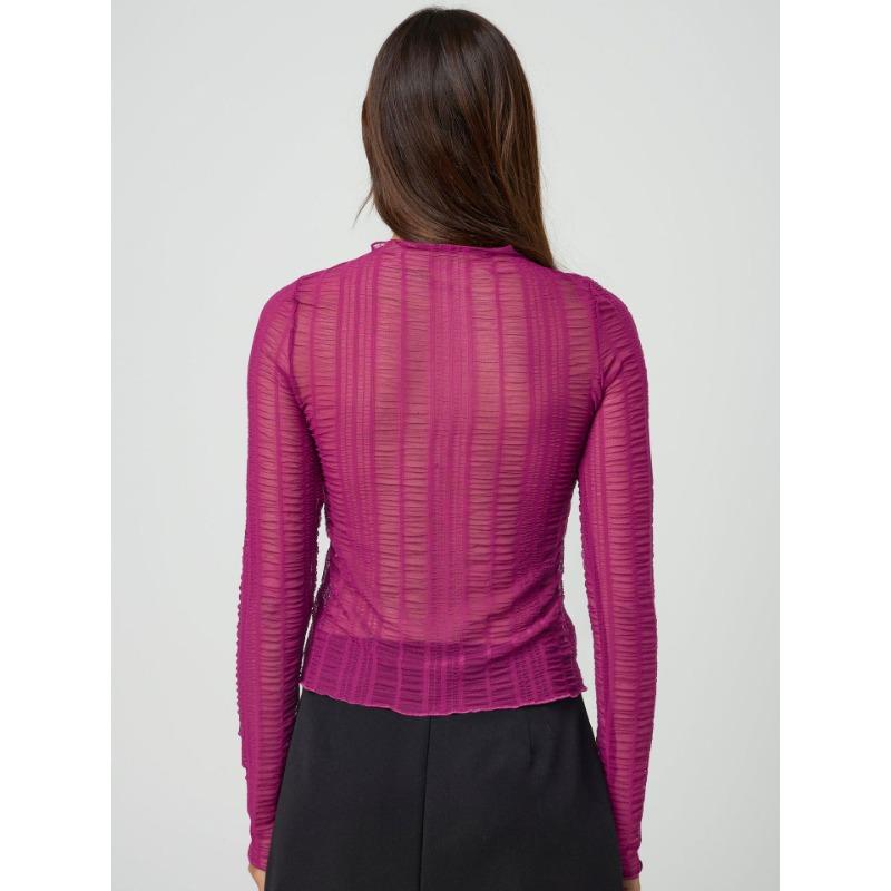 Dámský sexy top s průstřihy, kulatým výstřihem, jednobarevný, průsvitný, s dlouhým rukávem