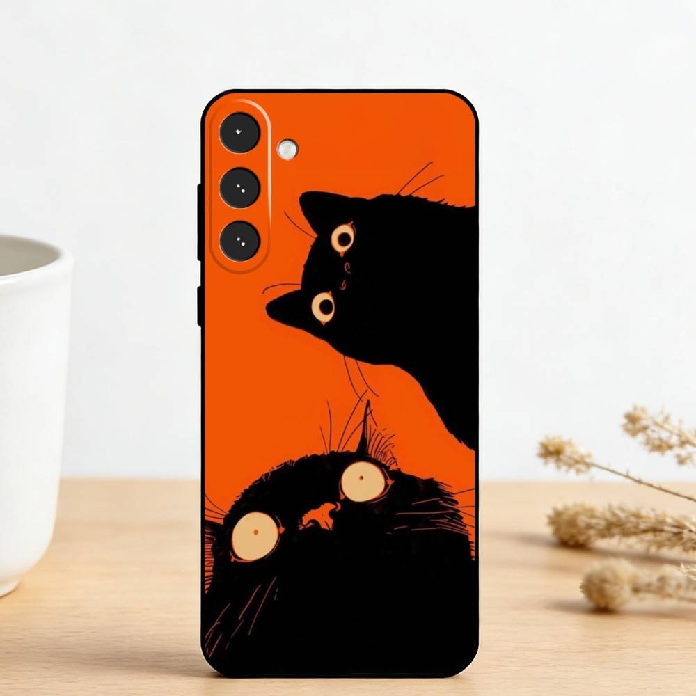 C-Cute Black White Cat   Phone Case For Samsung Galaxy A73,A72,A71,A70,A53,A52,A51,Others Soft Black Cover